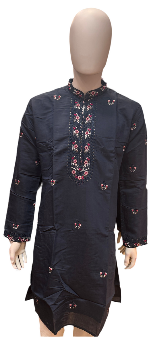 Charming Dark Blue Color Cotton Embroidery Work Kurta Suits For Men