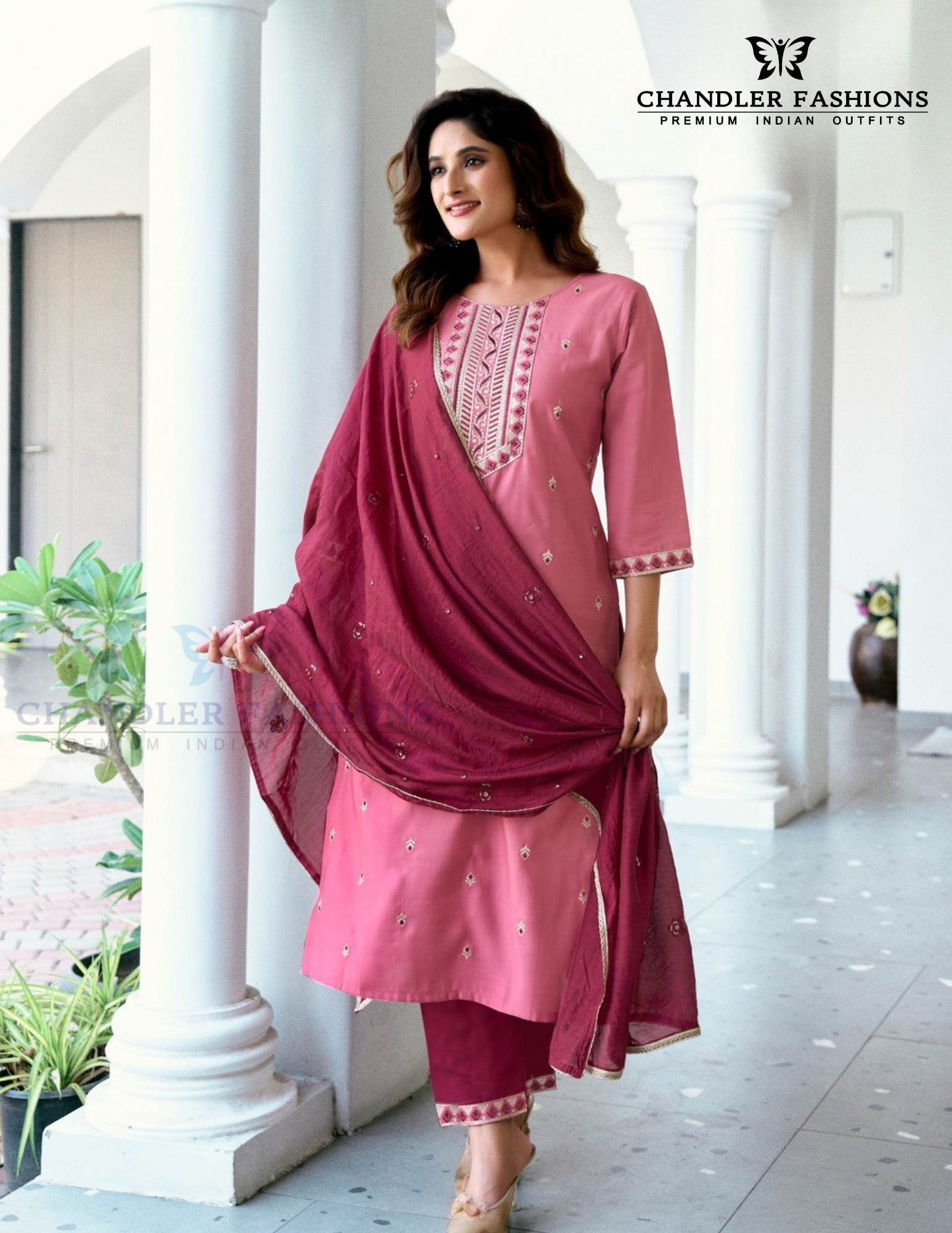 Elegant Pink And Maroon Color Roman Silk Salwar Suits For Women