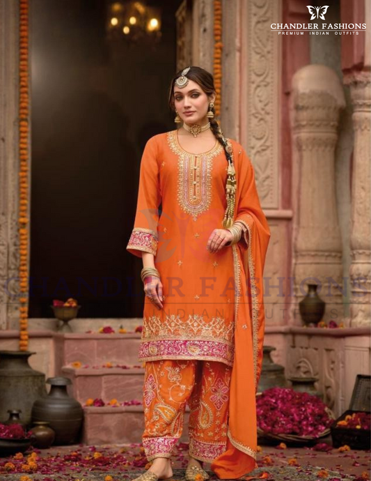 Pretty Orange Color Chinon With Embroidery Work With Palazzo Suits For Women