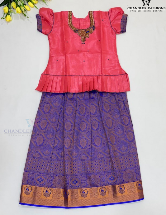 Graceful Pink And Blue Color Stone Work With Silk Langa set For Girls