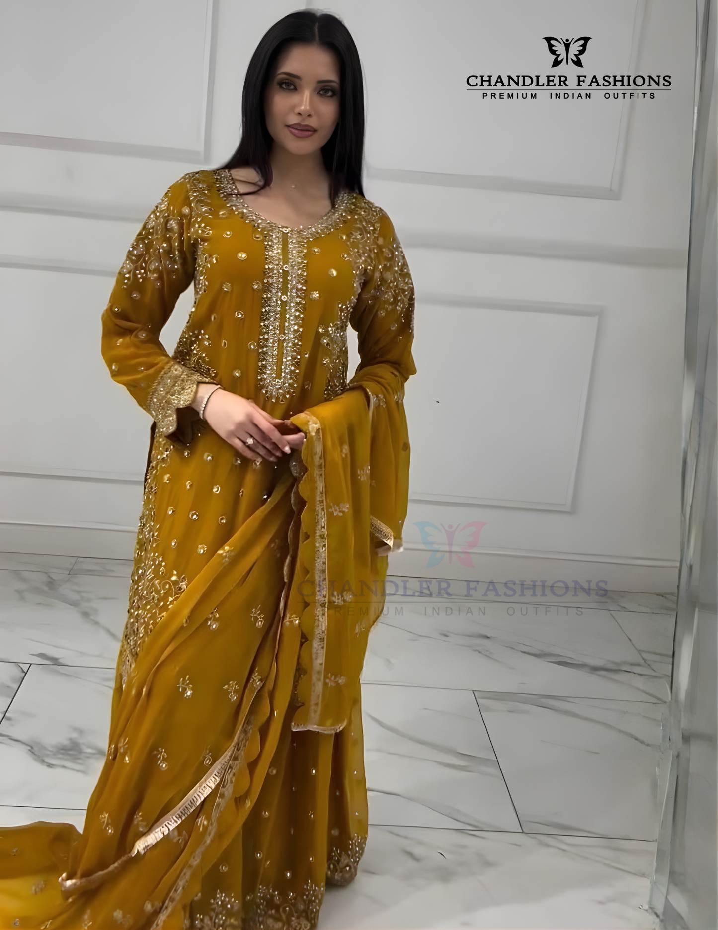 Alluring Mustard Yellow Color Georgette Palazzo Suits With Embroidery And Sequins Work