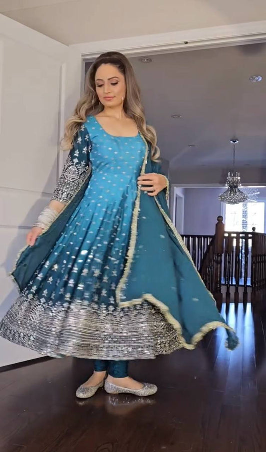 Pretty Teal Blue Heavy Chinon Silk With Embroidery Work Kurti Suits For Women