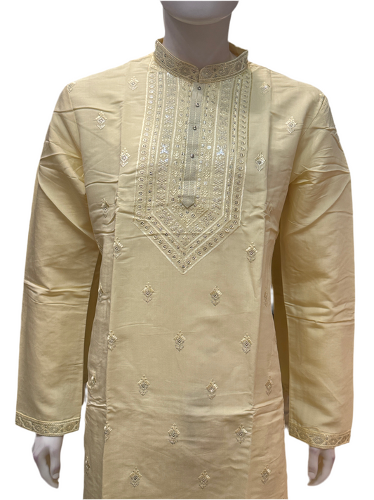 Attractive Light Yellow Color With Cotton Embroidery Work Kurta Suits For Men