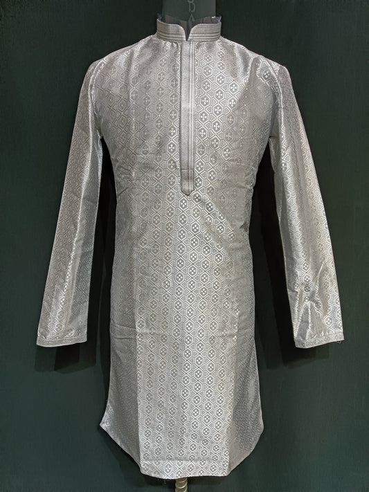 Appealing Grey Colored Banarasi Brocade Silver Zari Work Kurta Pajama Sets For Men