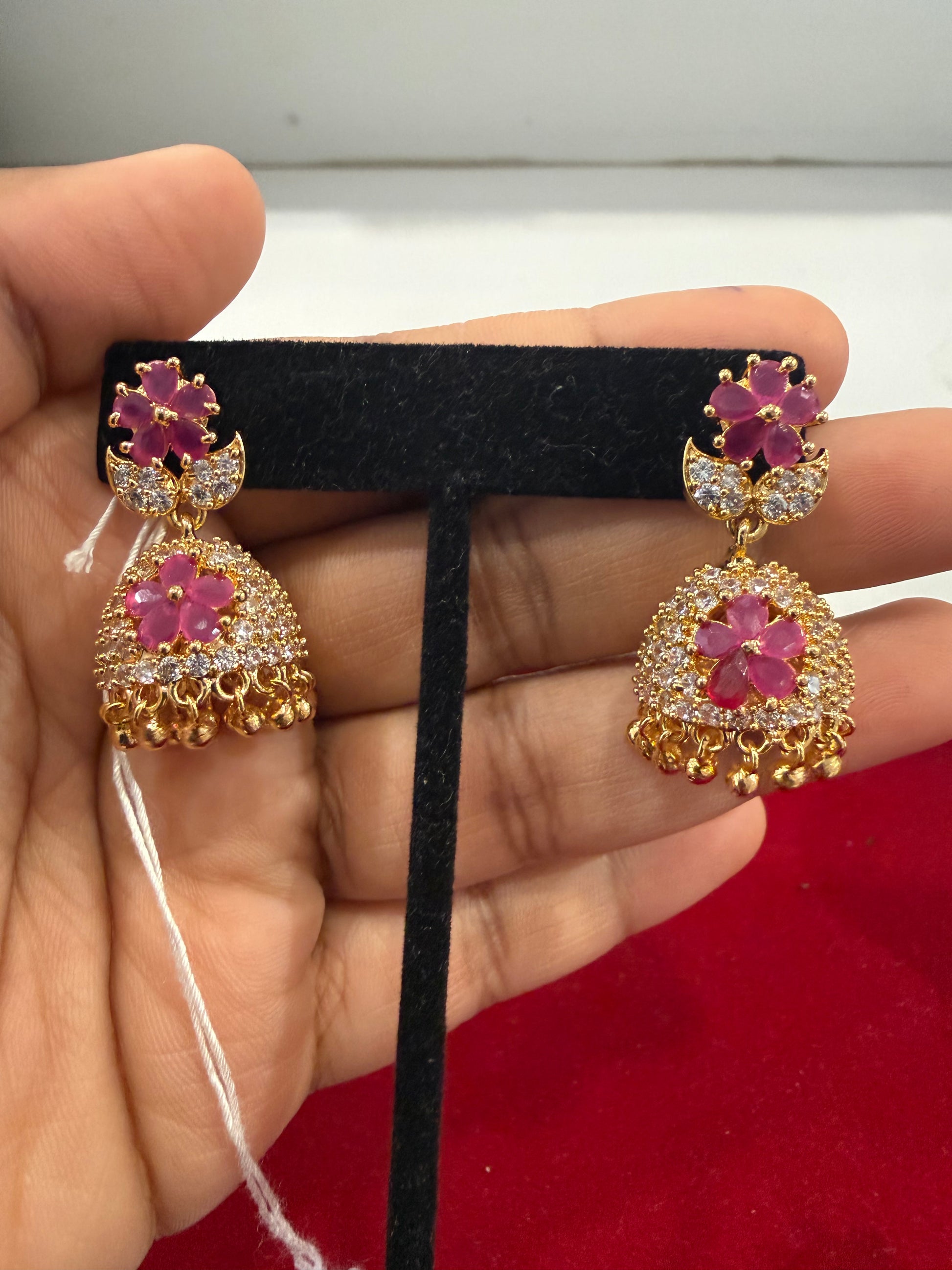Pretty Pink Flower Gold Plated Jhumkas for Women