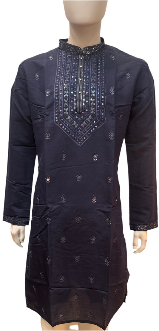 Charming Navy Blue Color With Cotton Embroidery Work Kurta Suits For Men