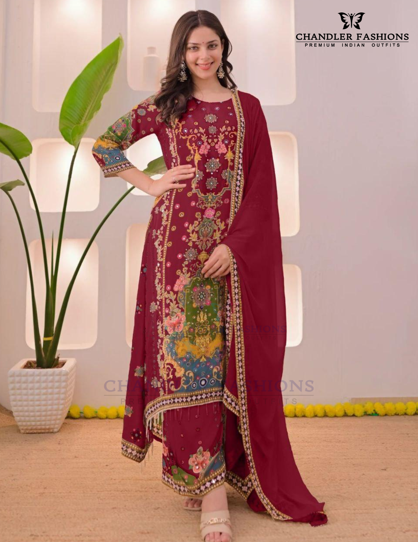 Beautiful Maroon Color Muslin Cotton Anarkali Palazzo Suits For Women