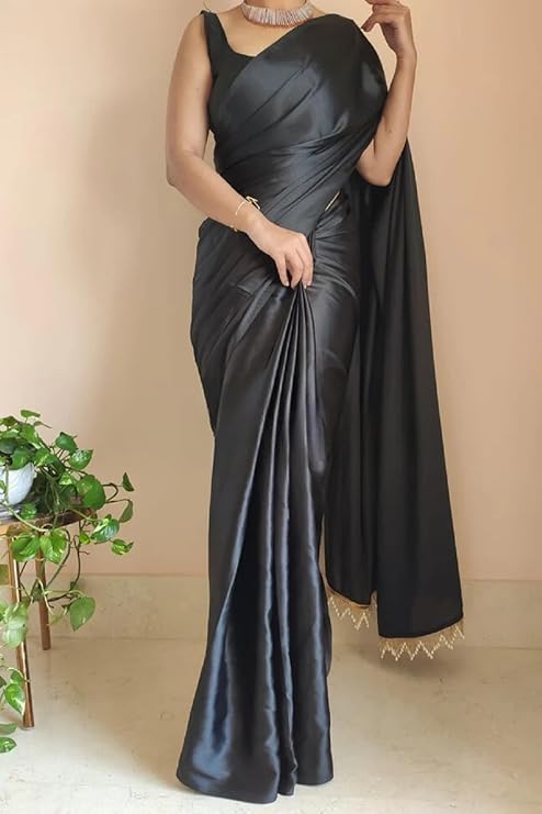 Elegant Black color Satin Saree With Lace Latkan Border Work