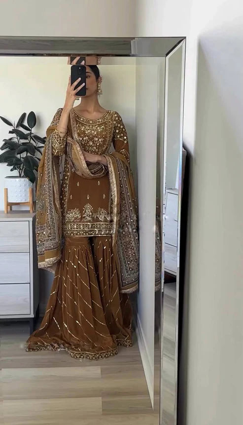 Attractive Brown Colored Pure Chinon Heavy Embroidery And Sequins Work Sharara Suits For Women