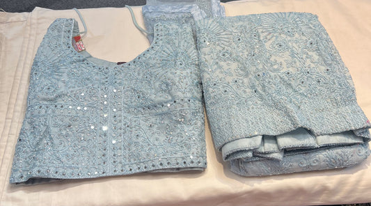 Beautiful Light Blue Color Georgette With Embroidery And Mirror Work Lehenga For Women