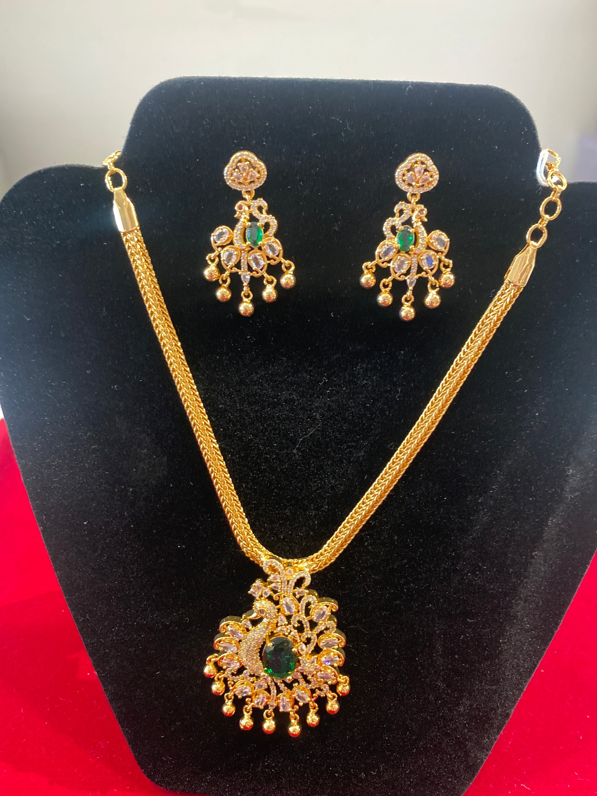 Amazing Green and White Stones Gold Plated Necklace With Earrings For Women