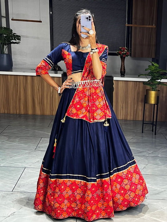 Gorgeous Blue Colored Heavy Rayon Cotton Fully Stitched Chaniya Lehenga Choli With Dupatta