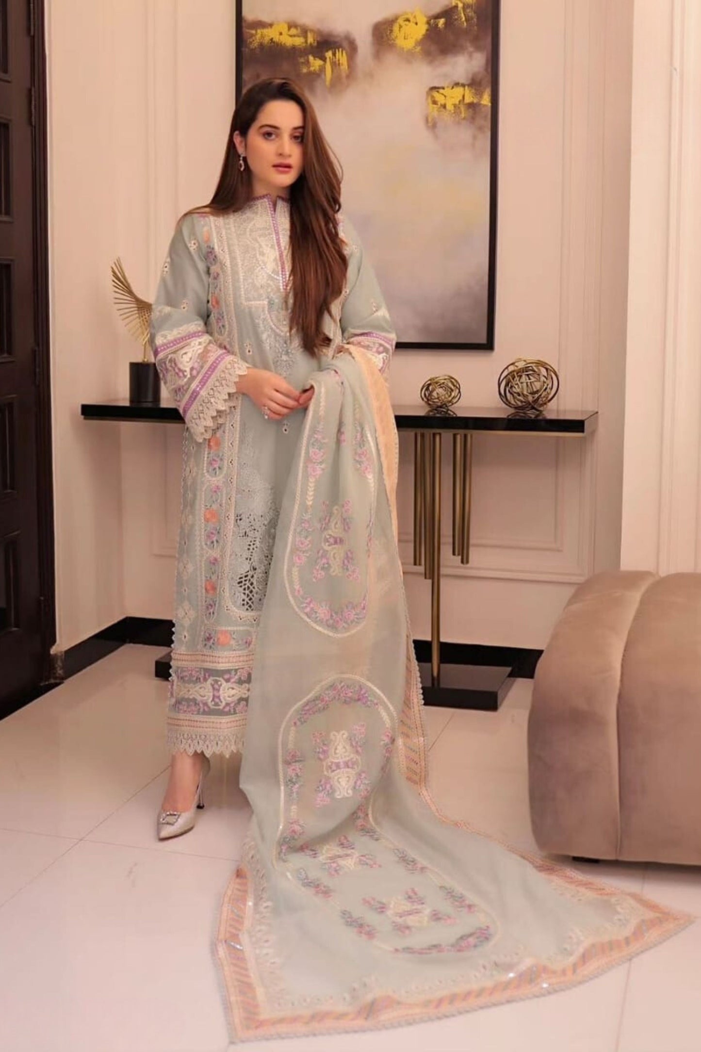 Alluring Light Blue Color Rayon Cotton Salwar Suits With Heavy Embroidered Work For Women