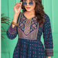 Elegant Blue color Screen Print Flared Long Kurti With Computer Embroidery Yock With Lace Kurti For Women