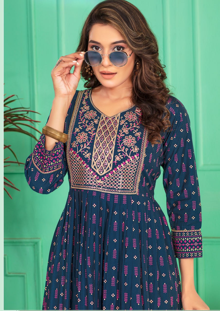 Elegant Blue color Screen Print Flared Long Kurti With Computer Embroidery Yock With Lace Kurti For Women