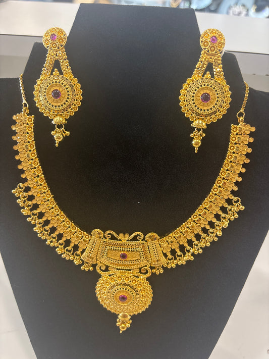 Stunning Pink Color Stone Gold Plated Necklace With Earrings For Women