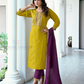 Beautiful Yellow And Purple Color Roman Silk Salwar Suits For Women