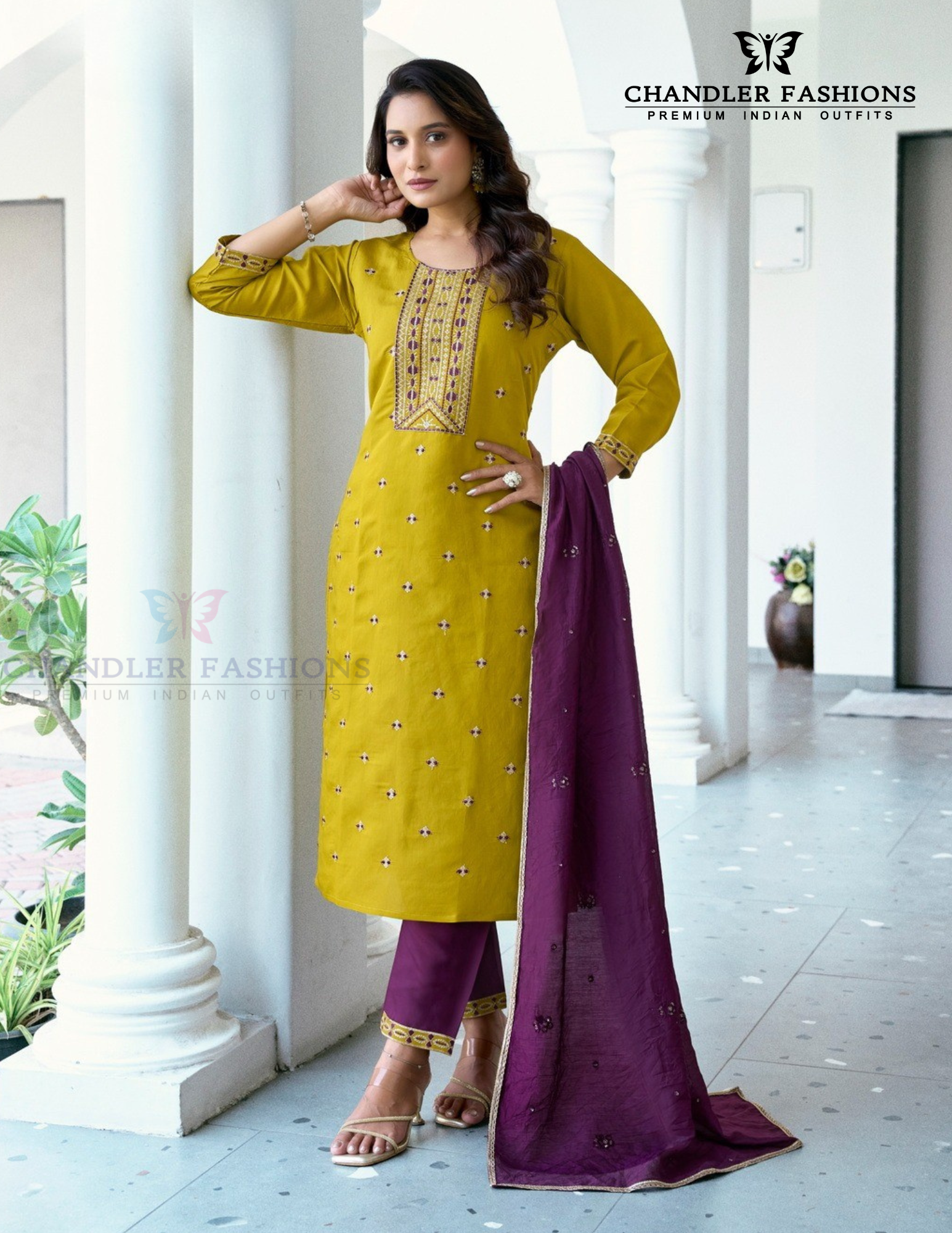 Beautiful Yellow And Purple Color Roman Silk Salwar Suits For Women