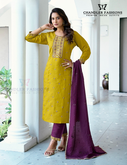 Beautiful Yellow And Purple Color Roman Silk Salwar Suits For Women