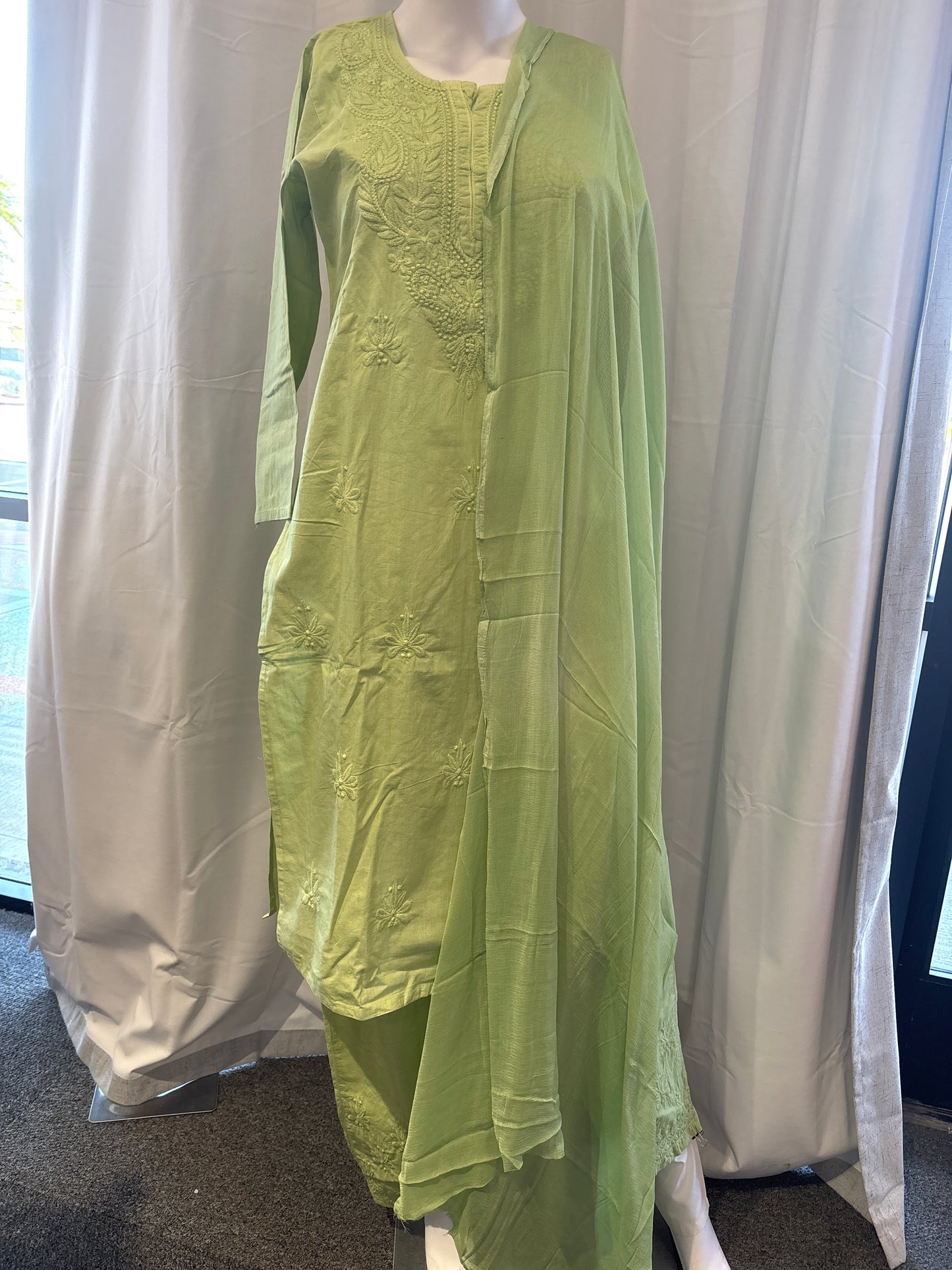 Charming Lime Green Color Cotton With Chikankari Work Palazzo Suits For Women