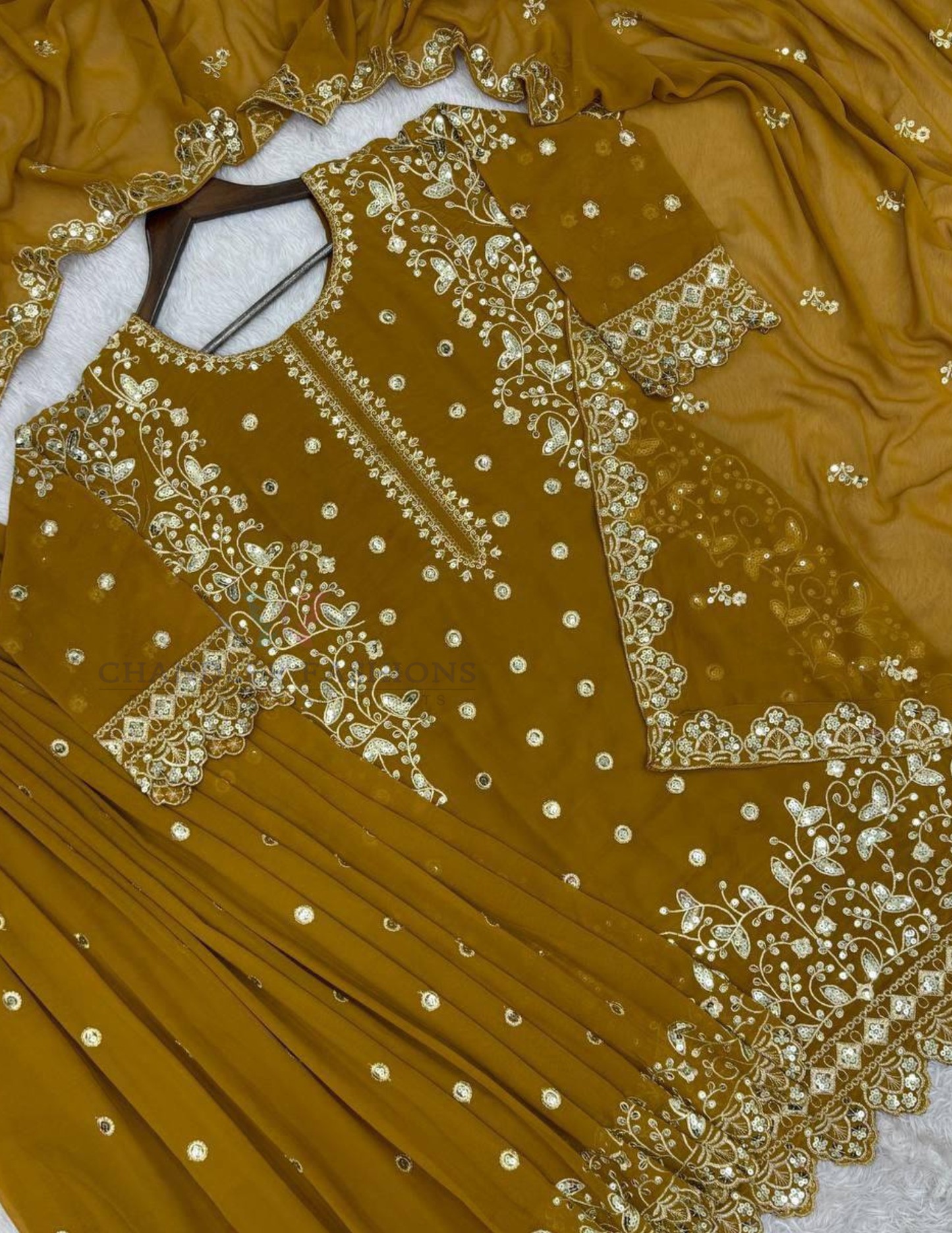 Mustard Yellow Color Georgette Palazzo Suits In Yuma