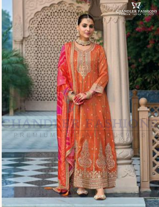 Attractive Orange Color Shimmer With Heavy Embroidery Work Kurtis For Women