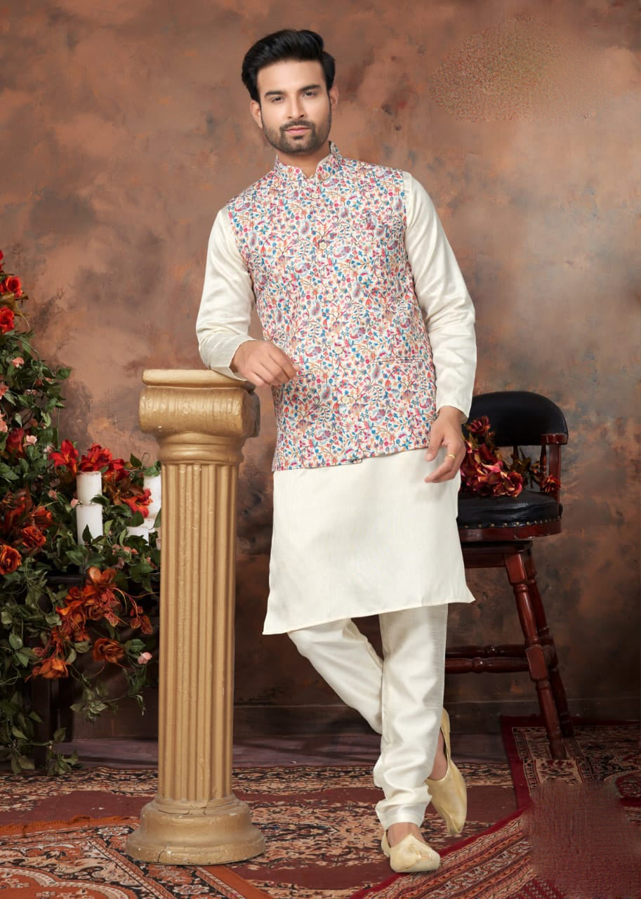 Stunning Multicolor Silk Kurta And Pajama Set With Digital Print And Sequins Work Jackets For Men Near Me
