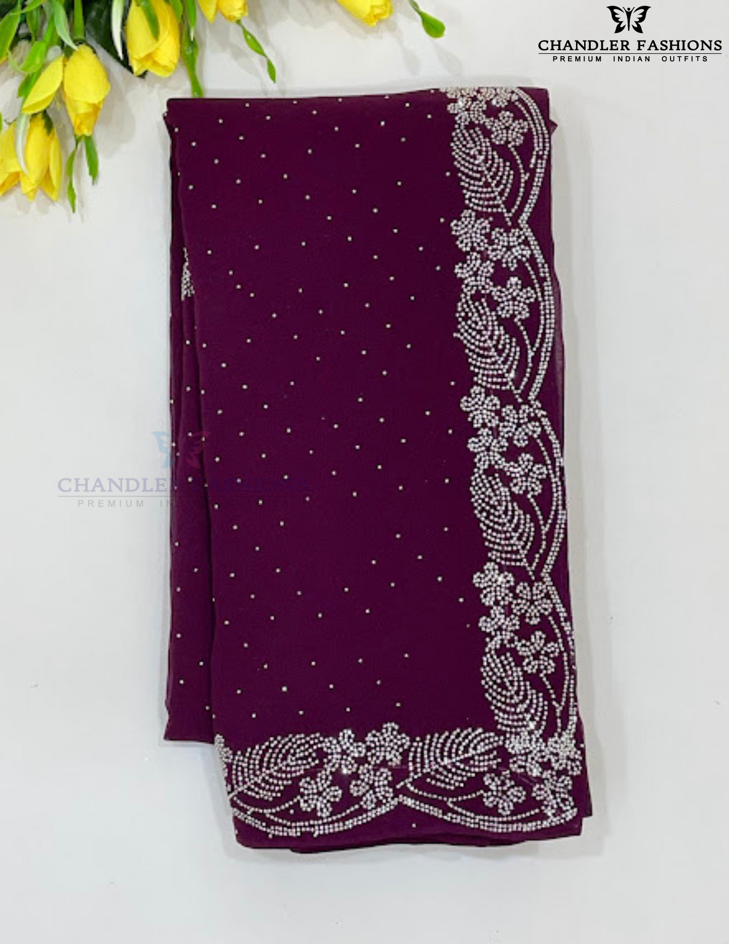 Alluring Wine Color Chiffon Saree With Designer Stone Work For Women