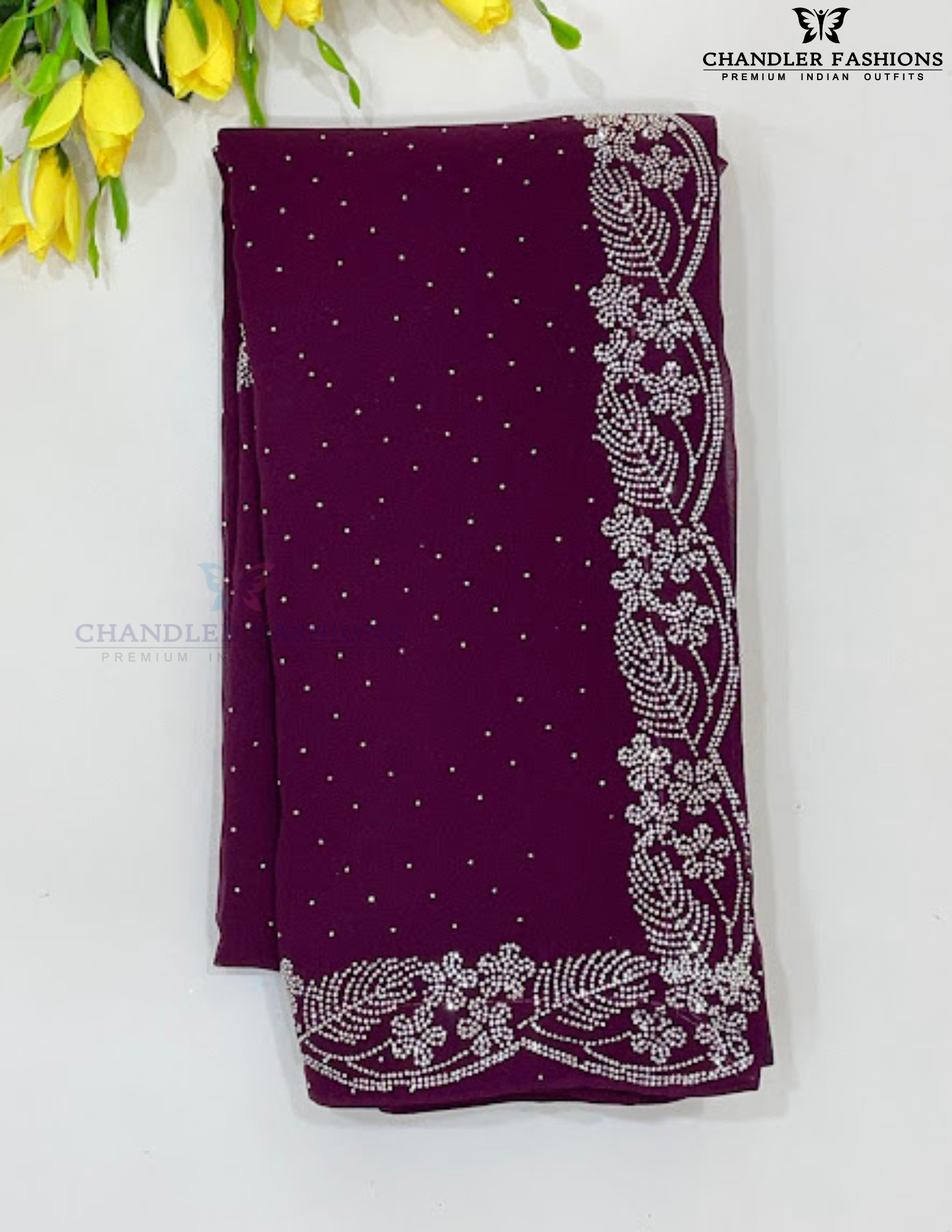 Alluring Wine Color Chiffon Saree With Designer Stone Work For Women