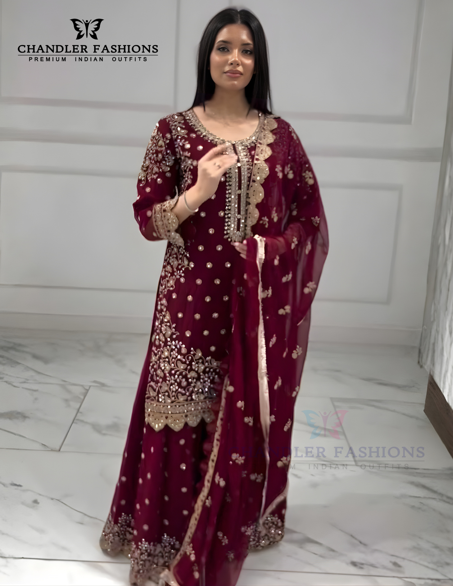Appealing Maroon Color Georgette Palazzo Suits With Embroidery And Sequins Work