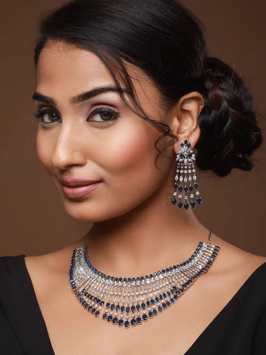 Dazzling Blue Color Rhodium Plated & AD Studded Bridal Wear Jewelry Sets
