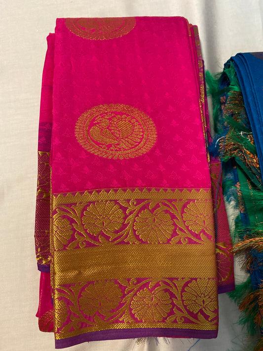 Hot Pink Soft Silk Saree With Beautiful Peacock Motifs Purple Colored Blouse Included