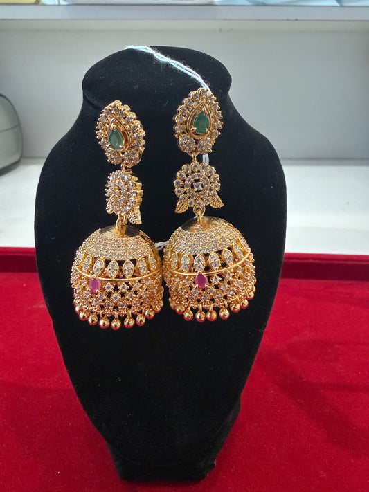 Alluring Gold Plated Multicolored stones Jhumkas
