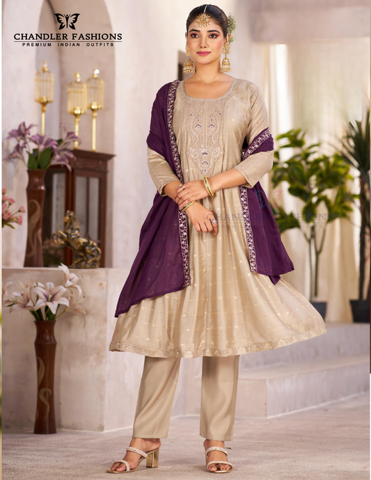 Attractive Beige Color Chanderi Silk Salwar Suits With Embroidery Work For Women