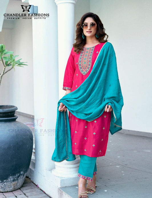 Fantastic Pink And Sky Blue Color Roman Silk Salwar Suits For Women
