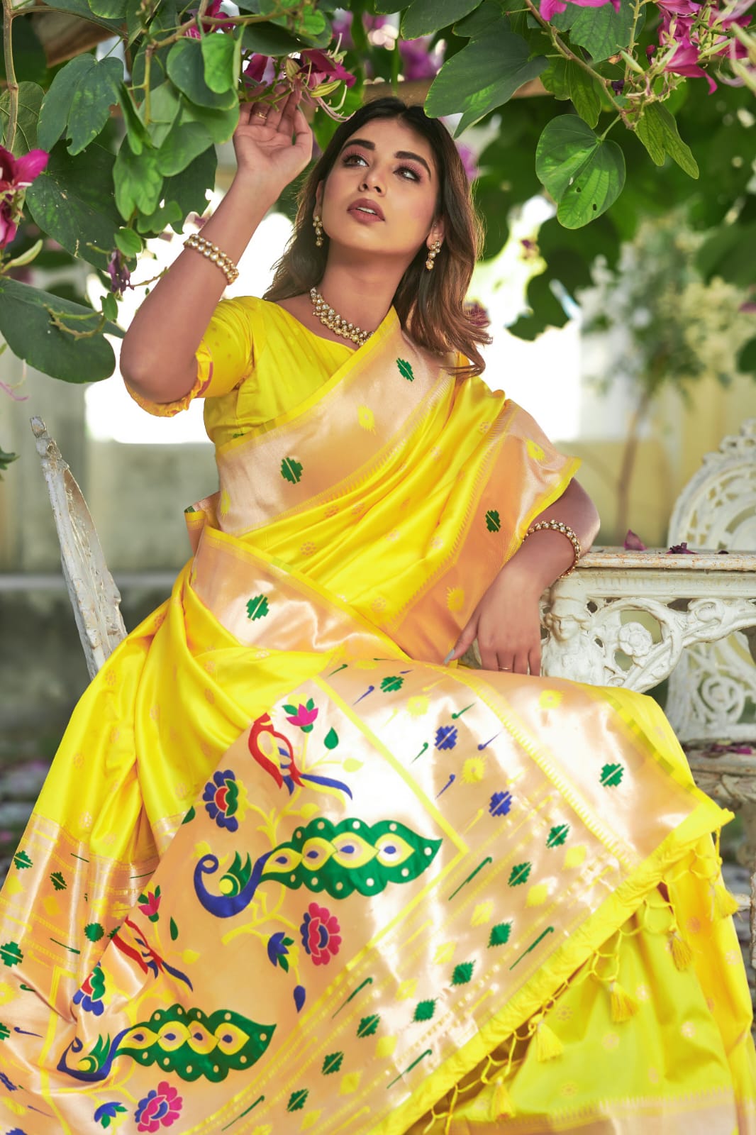 Yellow Color Banarasi Soft Silk Paithani Saree With Zari Border And Zari Pallu In Gilbert