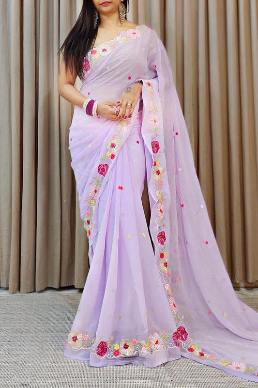 Appealing Lavender Colored Faux Georgette Embroidered Work Saree For Women