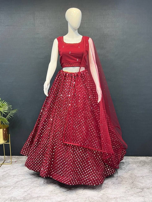 Gorgeous Red Color Designer Georgette Sequins Embroidered Lehenga Choli With Net Dupatta