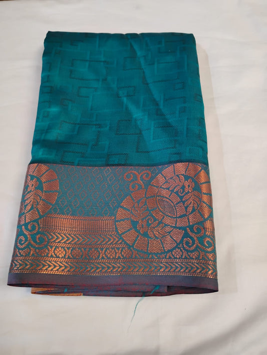 Fantastic Teal Blue Color Pure Kanchi Silk With Gold Zari Work Border Saree For Women