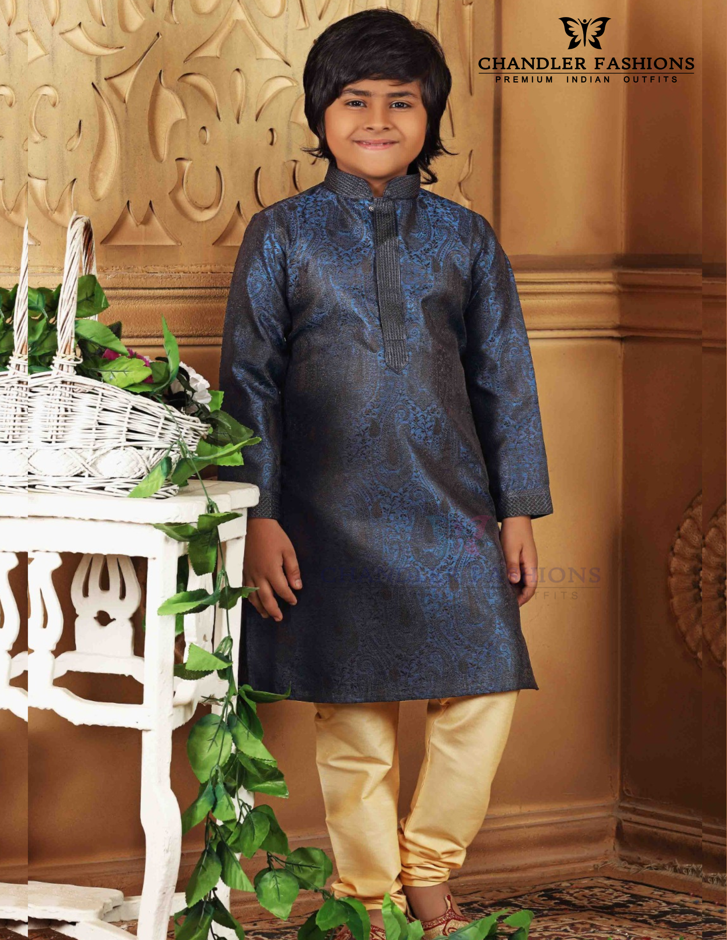Attractive Dark Blue Color Poly Jacquard Kurta Pajama Set For Kids