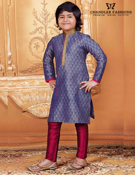 Fabulous Royal Blue Color Poly Jacquard With Print Work Kurta Pajama Set For Kids