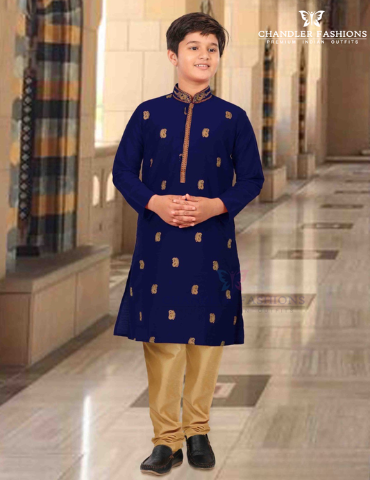 Beautiful Navy Blue Color Silk With Embroidery Work Kurta Pajama Set For Kids