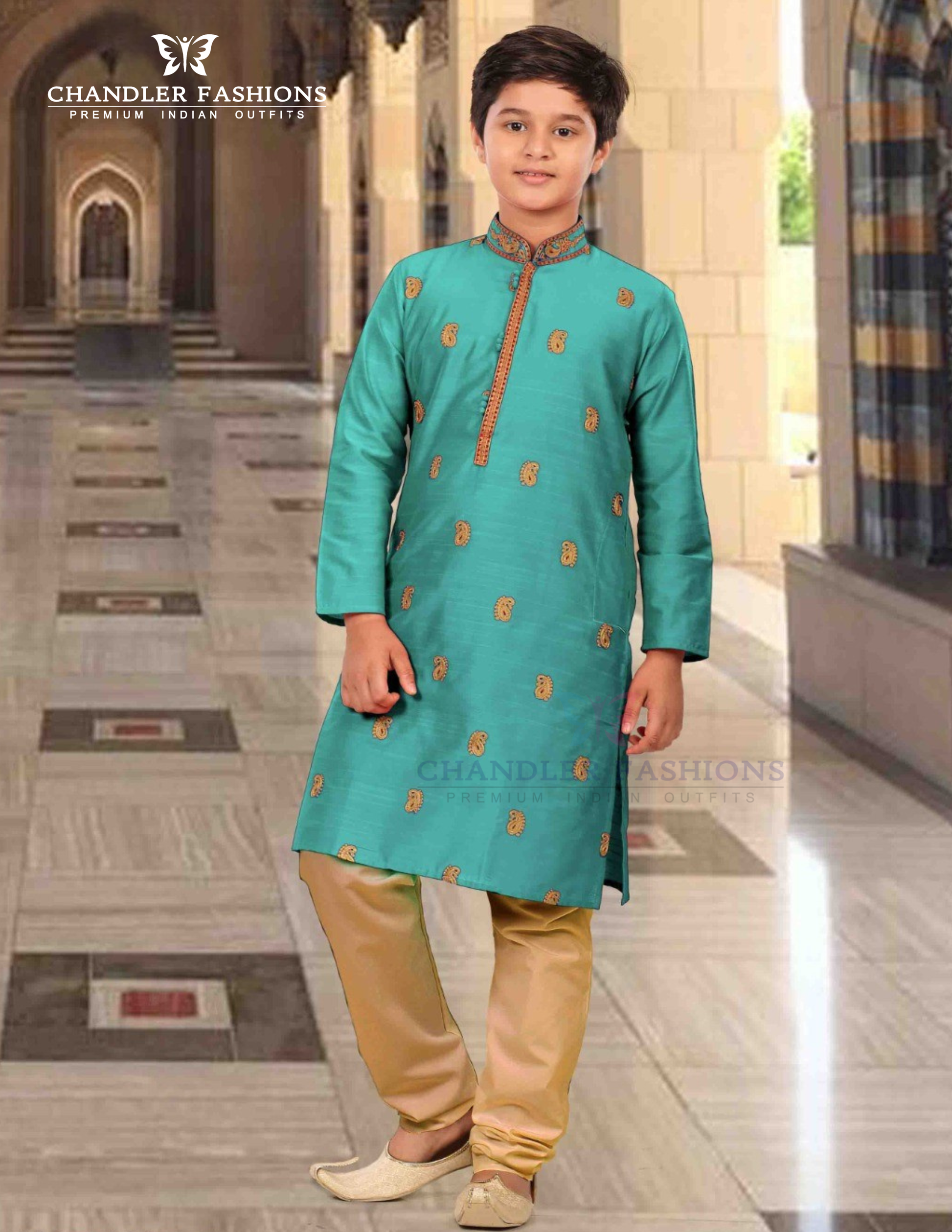 Alluring Sea Green Color Silk With Embroidery Work Kurta Pajama Set For Kids
