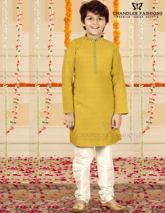 Fabulous Mustard Yellow Color Poly Cotton Kurta Pajama Set For Kids