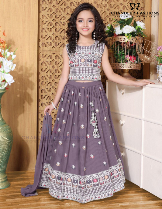 Alluring Purple Color Embroidery And Sequins Work Choli Set With Dupatta For Girls