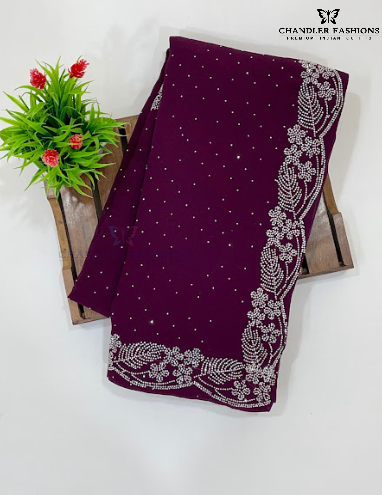 Alluring Wine Color Chiffon Saree With Stone Work In USA