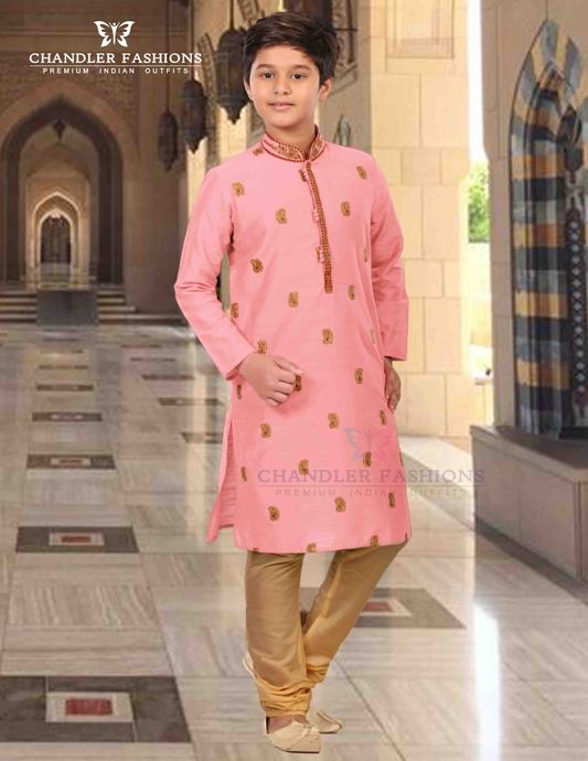 Elegant Pink Color Silk With Embroidery Work Kurta Pajama Set For Kids