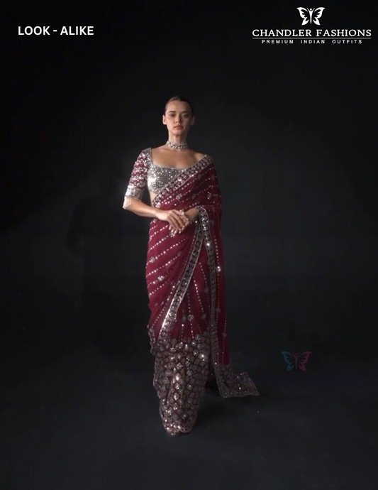 Beautiful Maroon color Soft Georgette Sequins Embroidery Work Sarees For Women