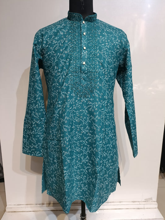 Alluring Teal Blue Color Cotton Full Sleeve Embroidery Kurta Pajama Set For Men