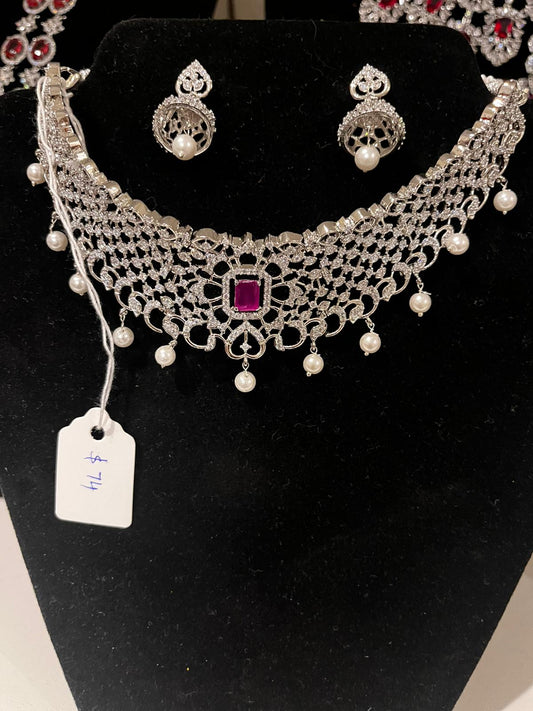 Alluring American Diamond Pink Color Stone Necklace With Earrings Sets